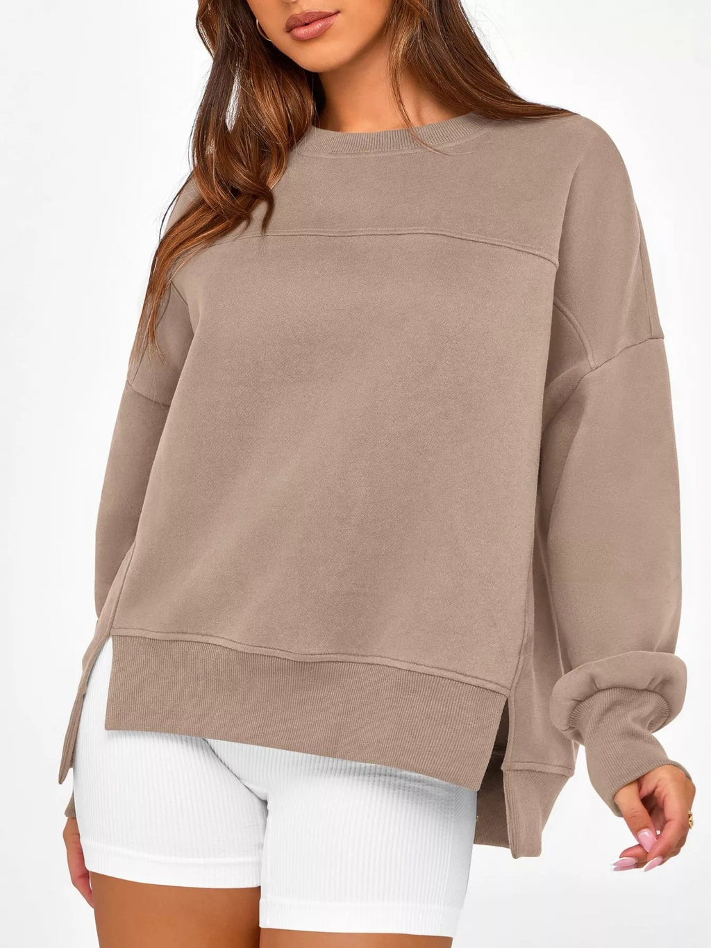 Slit Round Neck Dropped Shoulder Sweatshirt - Lilixa.store