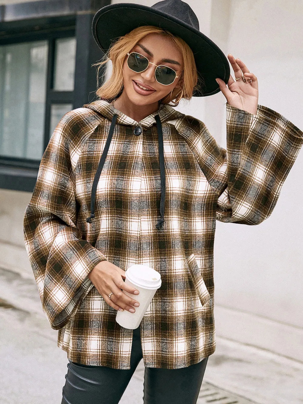 Ivy Lane Pocketed Plaid Long Sleeve Hooded Jacket in Camel, view 3