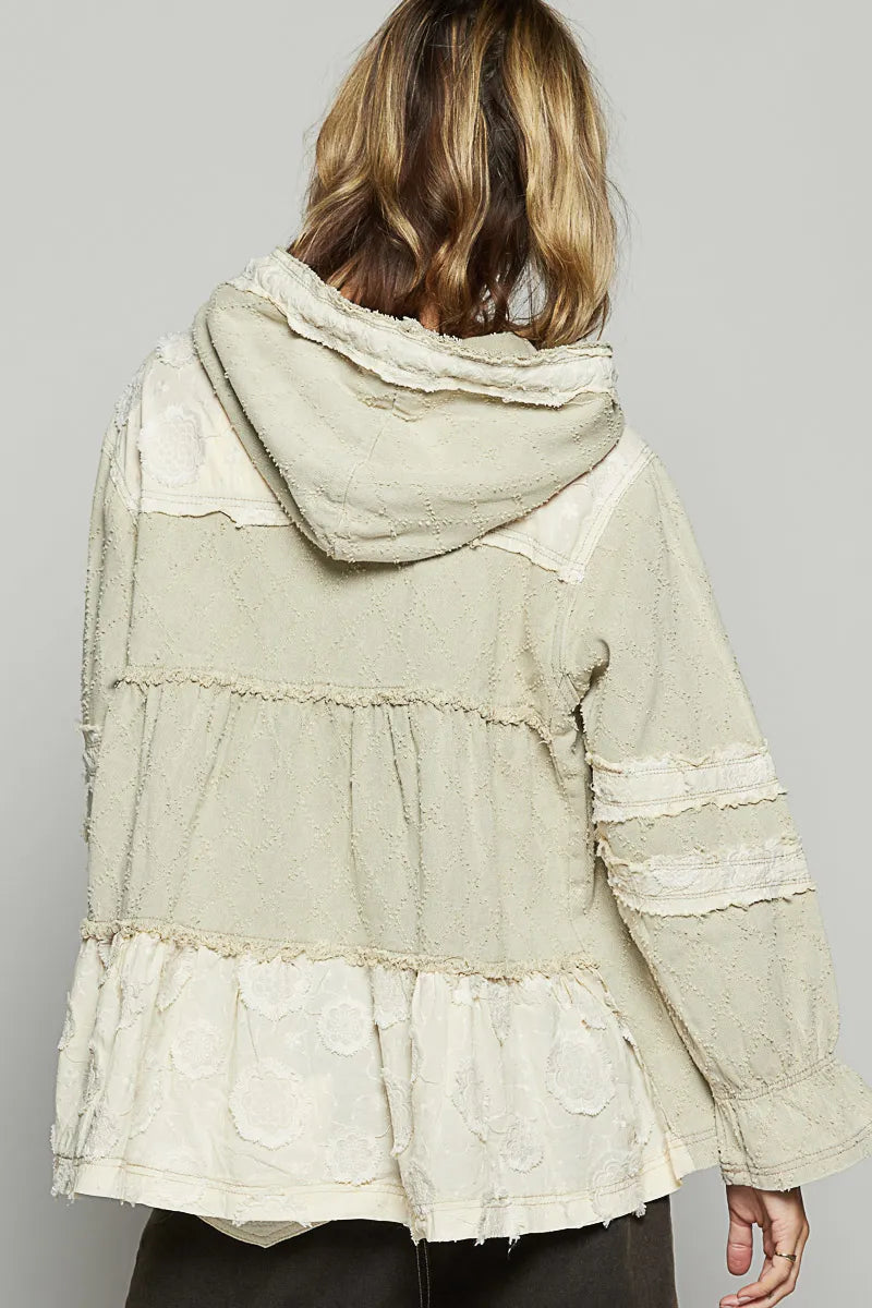 POL Raw Hem Color Block Hooded Jacket in Beige, view 4