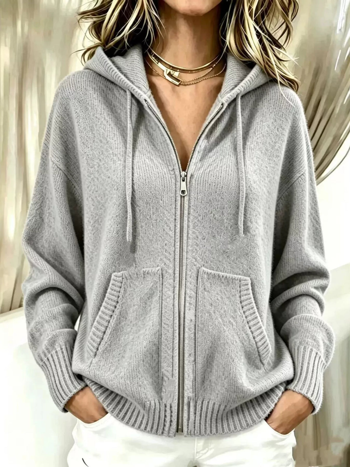 Zip-Up Hooded Knit Cardigan - Lilixa.store