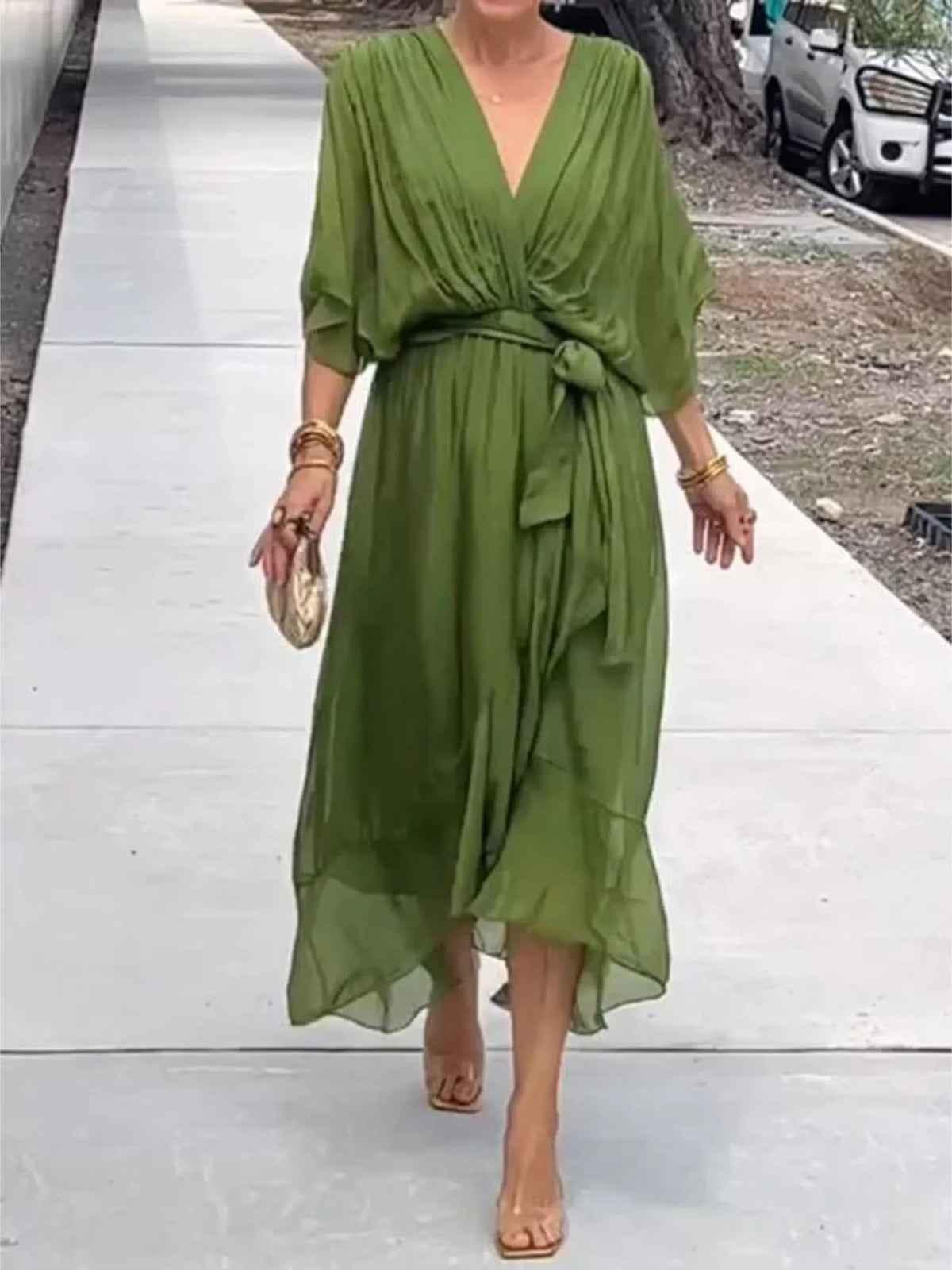 Full Size Chiffon Wrap Dress with Flutter Sleeves Plus Size - Lilixa.store