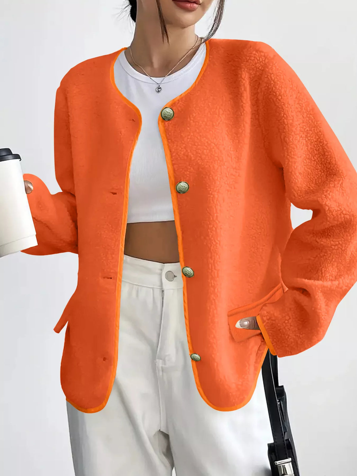 Full Size Textured Button-Up Fleece Outerwear Plus Size - Lilixa.store