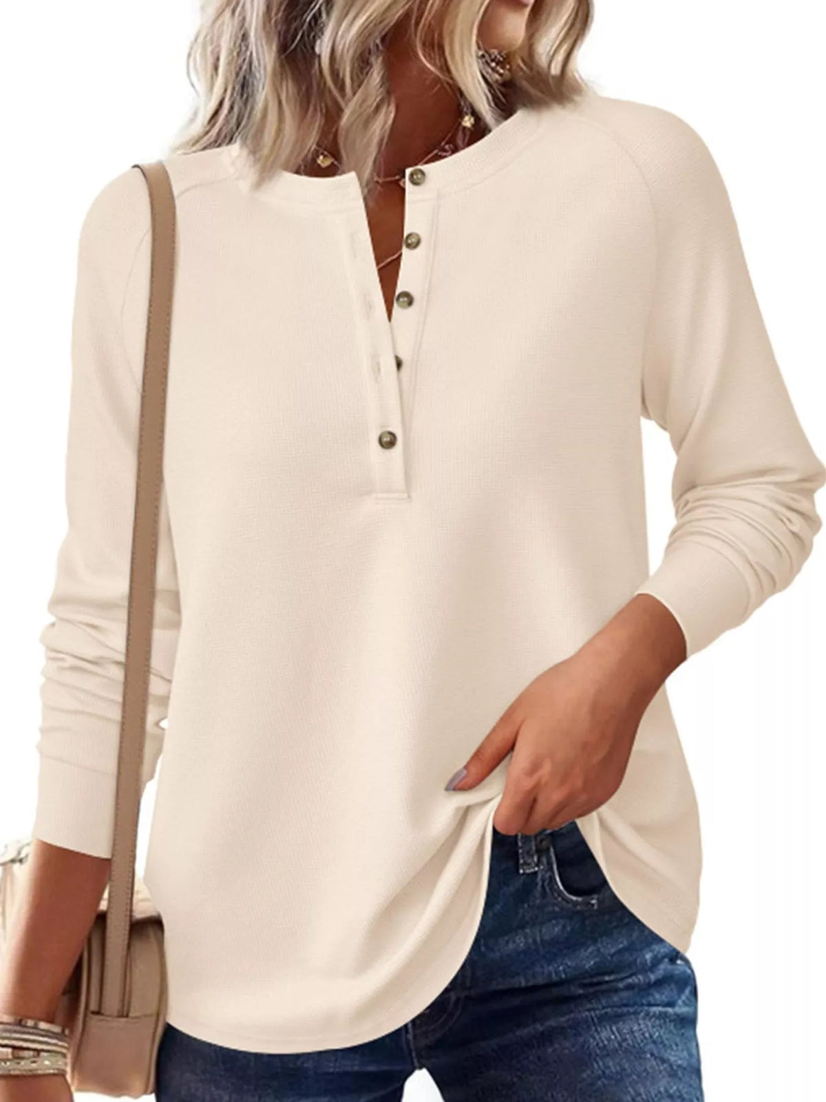 Waffle Knit Henley Long Sleeve T-Shirt