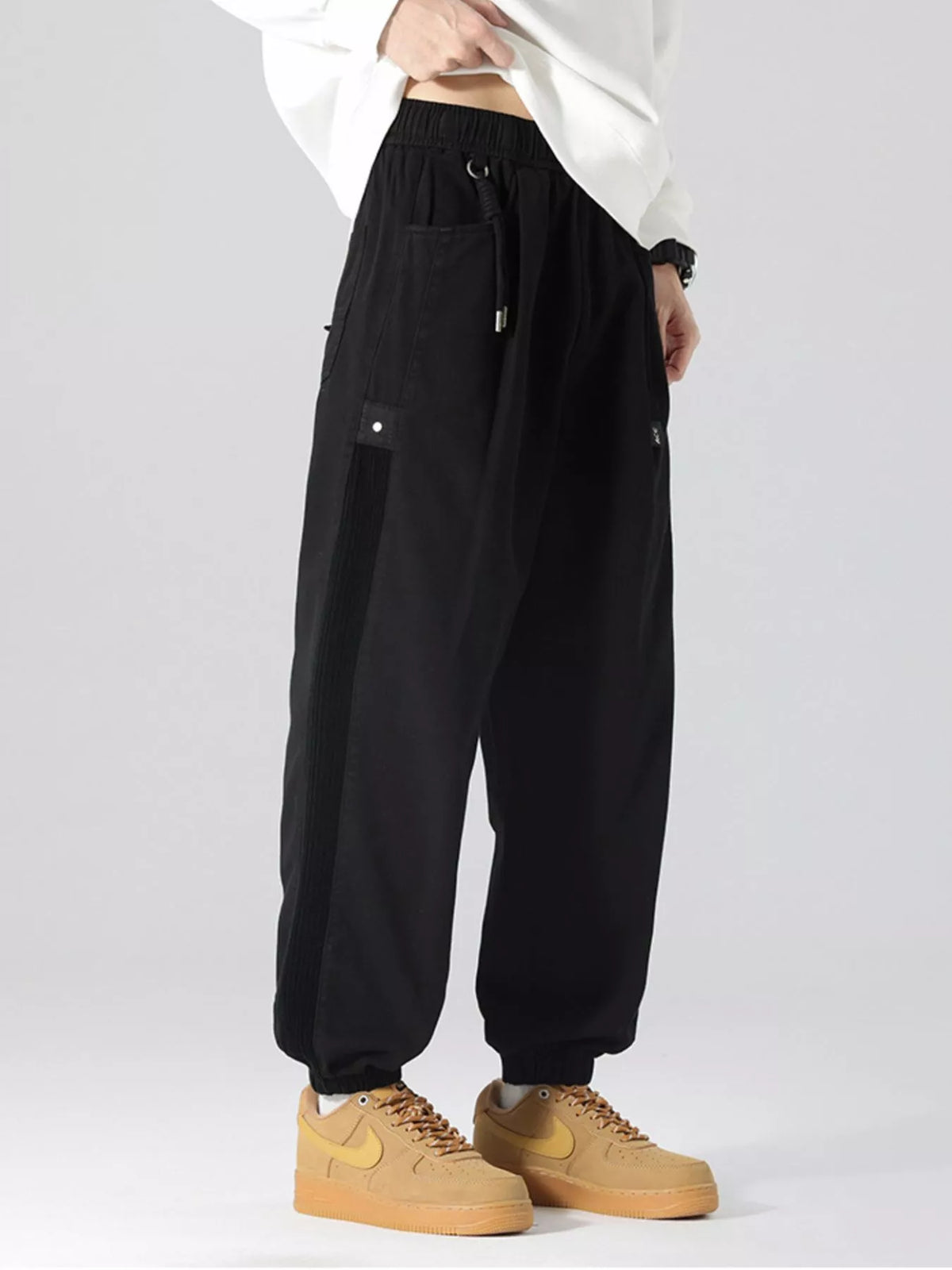 Men's Plus Size Drawstring Cargo Joggers with Pockets in Black