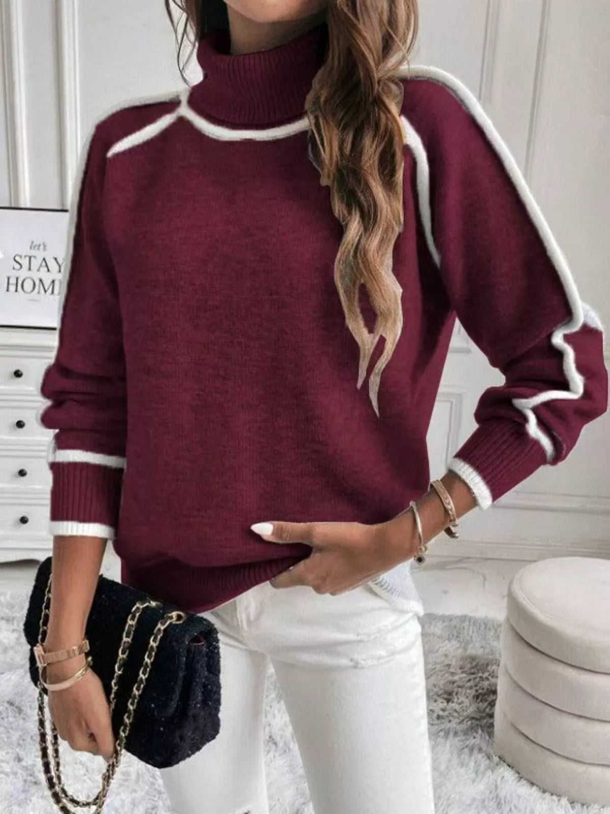 Full Size Contrast Trim Ribbed Hem Turtleneck Sweater Plus Size