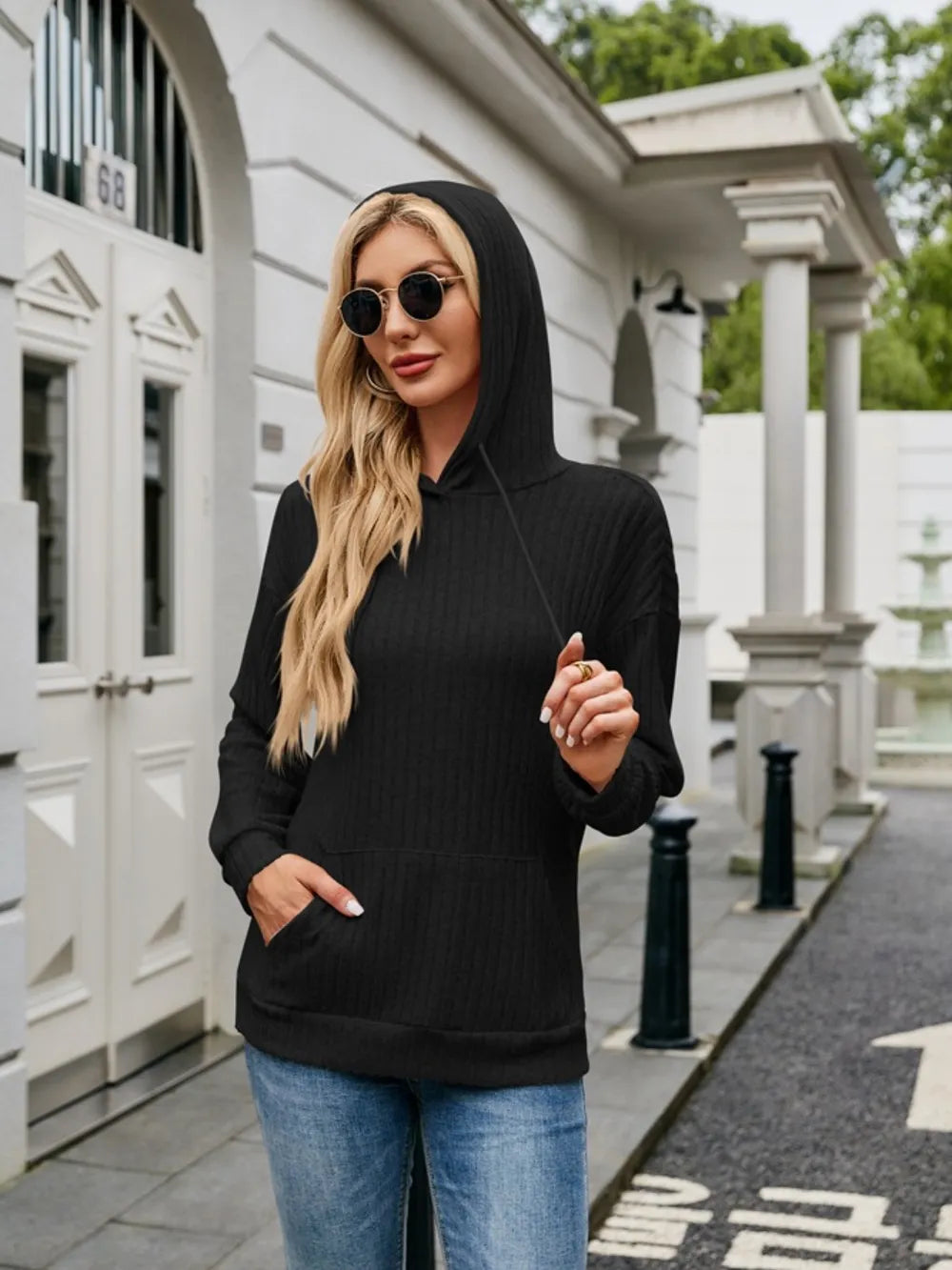 Ribbed Drawstring Long Sleeve Hoodie - Lilixa.store