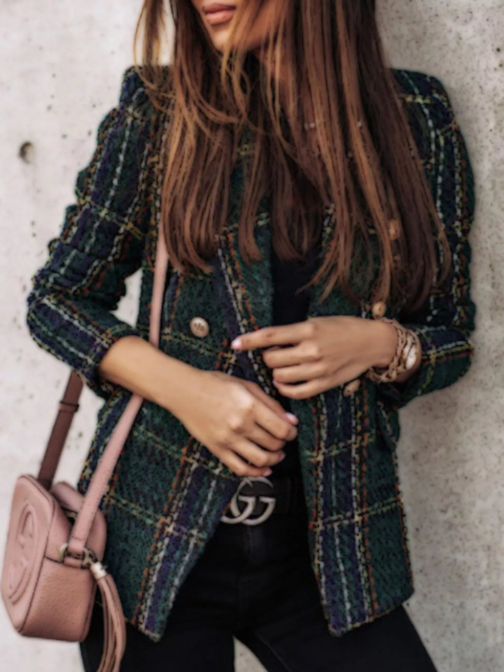 Full Size Plaid Tweed Double-Breasted Blazer Plus Size - Lilixa.store