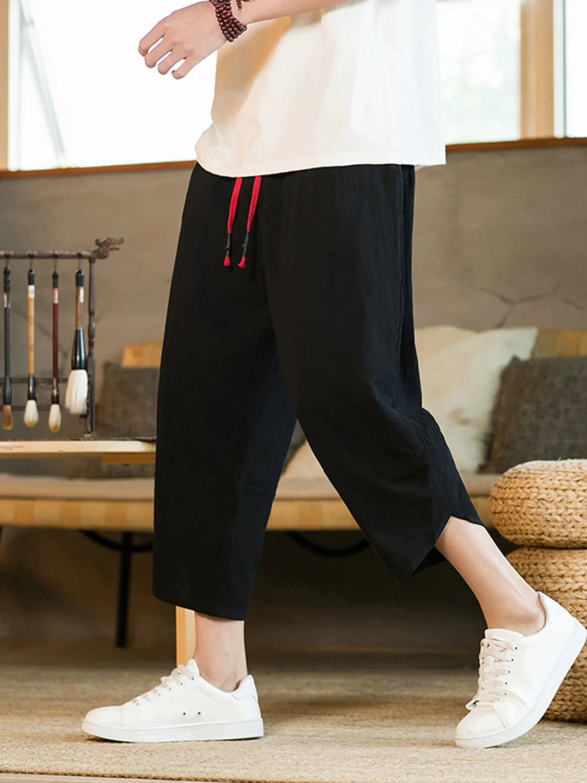Men's Plus Size Casual Linen Cropped Pants with Drawstring, view 3