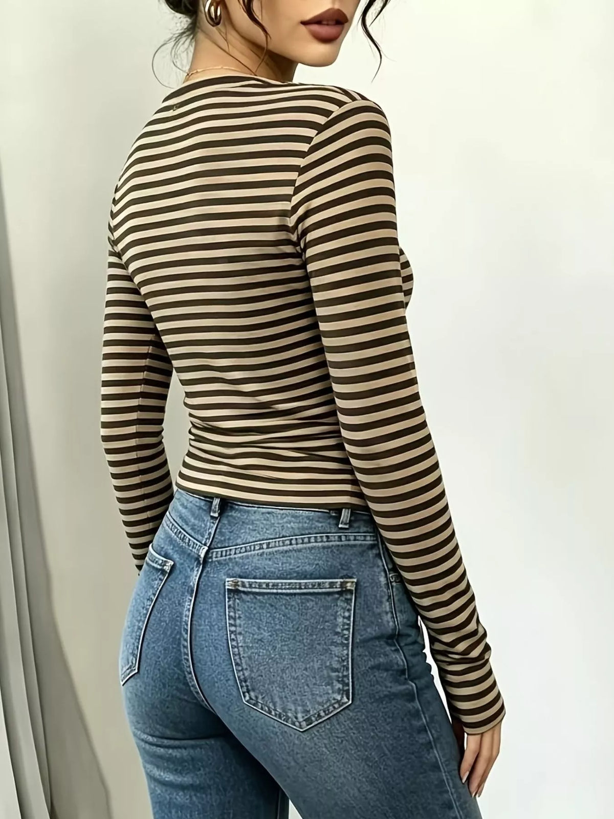 Long Sleeve Striped T-Shirt with Front Tie Detail - Lilixa.store