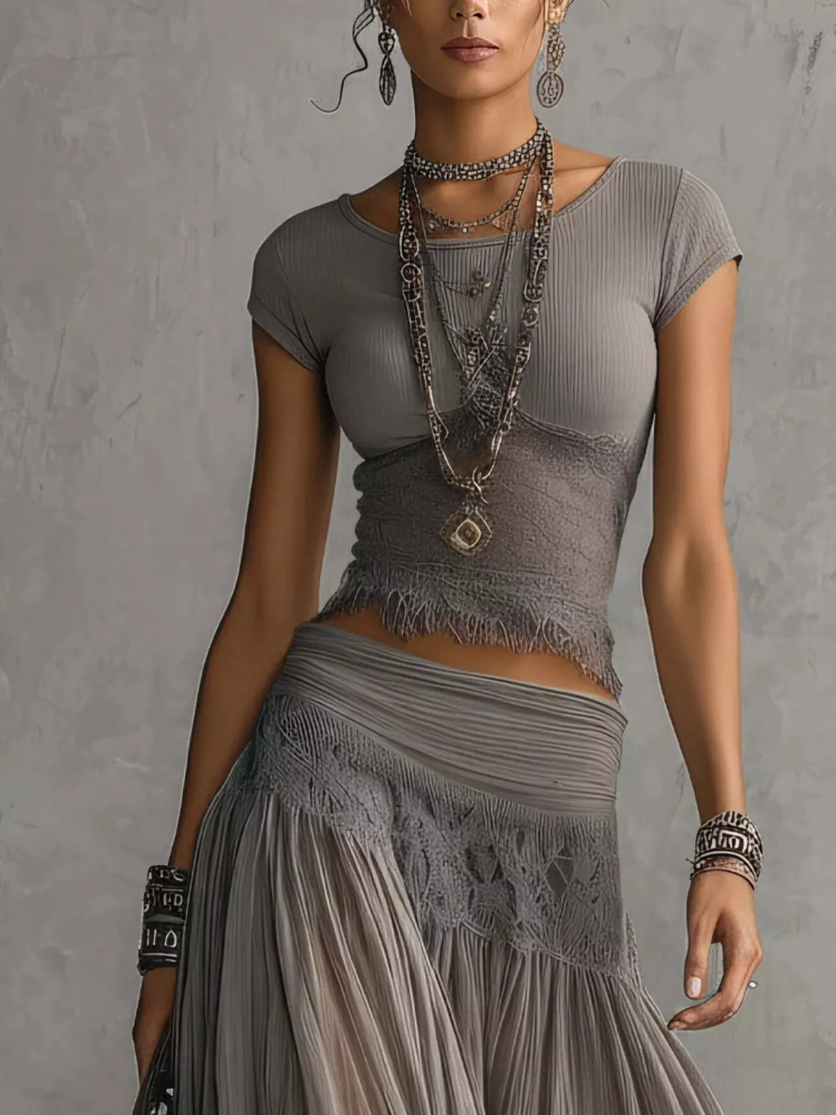 Lace Slim Fit Top and Maxi Skirt Set - Lilixa.store