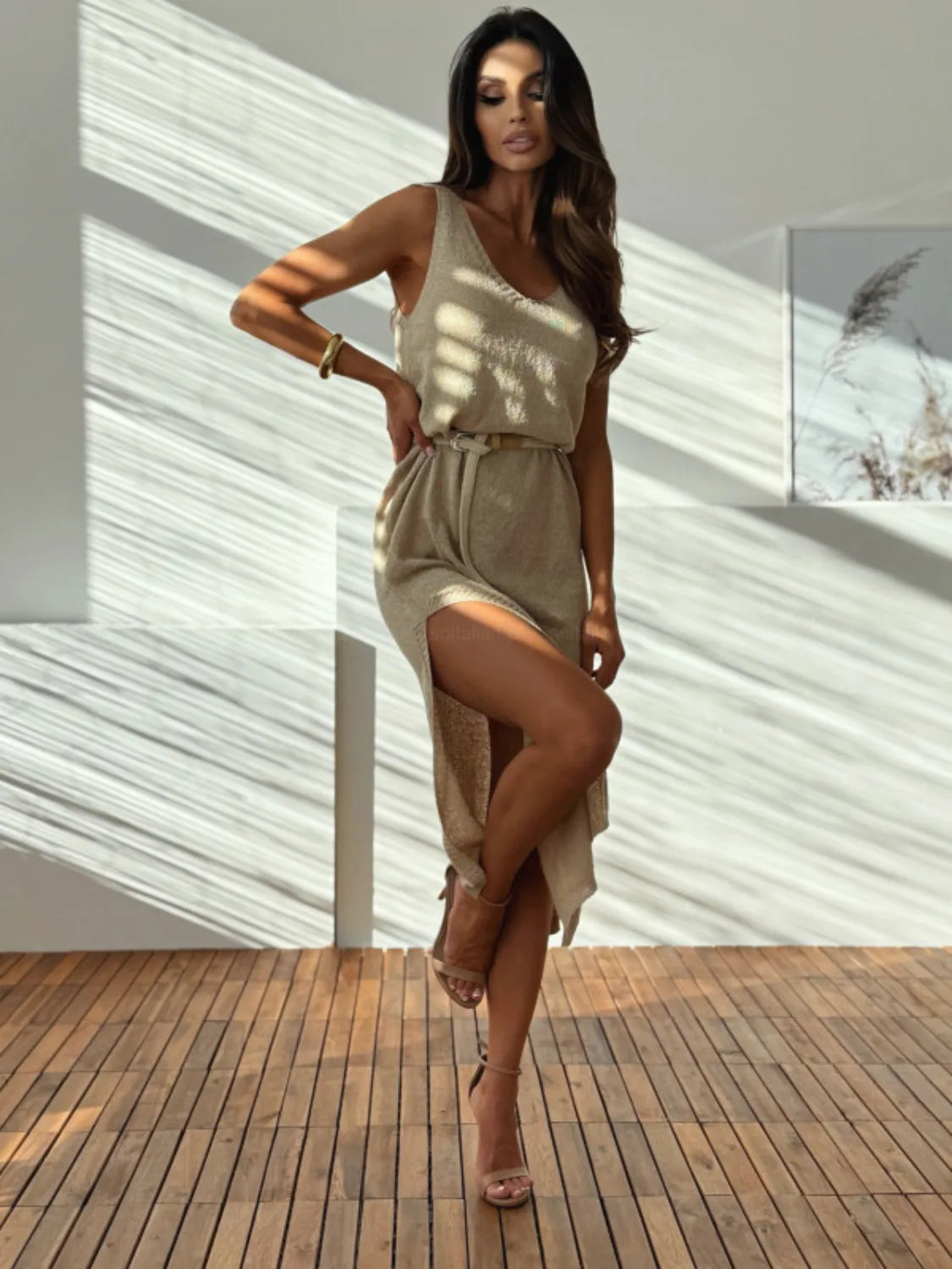 Slit V-Neck Sleeveless Sweater Dress in Khaki, view 5