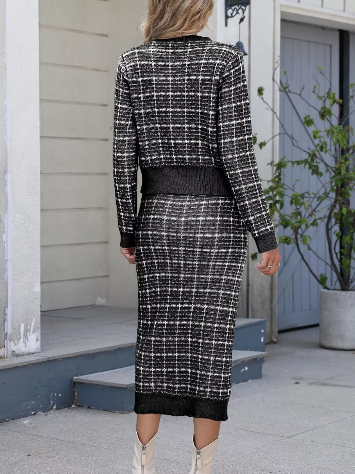 Plaid Knit Cardigan and Midi Skirt Sweater Set