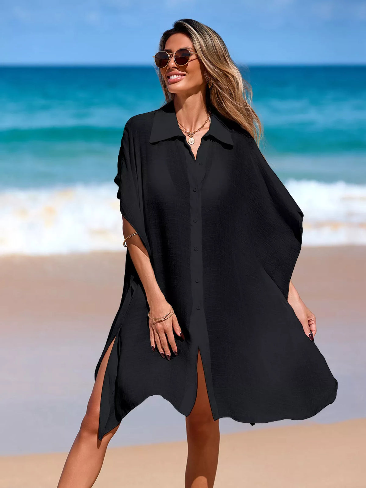 Relaxed Fit Button Up Cover-Up Dress - Lilixa.store