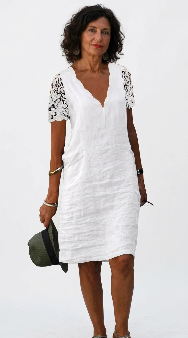 Full Size Scalloped V-Neck Lace Sleeve Mini Dress Plus Size in White