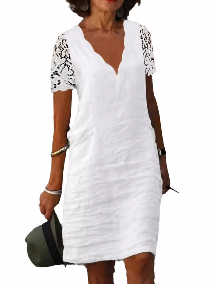 Full Size Scalloped V-Neck Lace Sleeve Mini Dress Plus Size in White