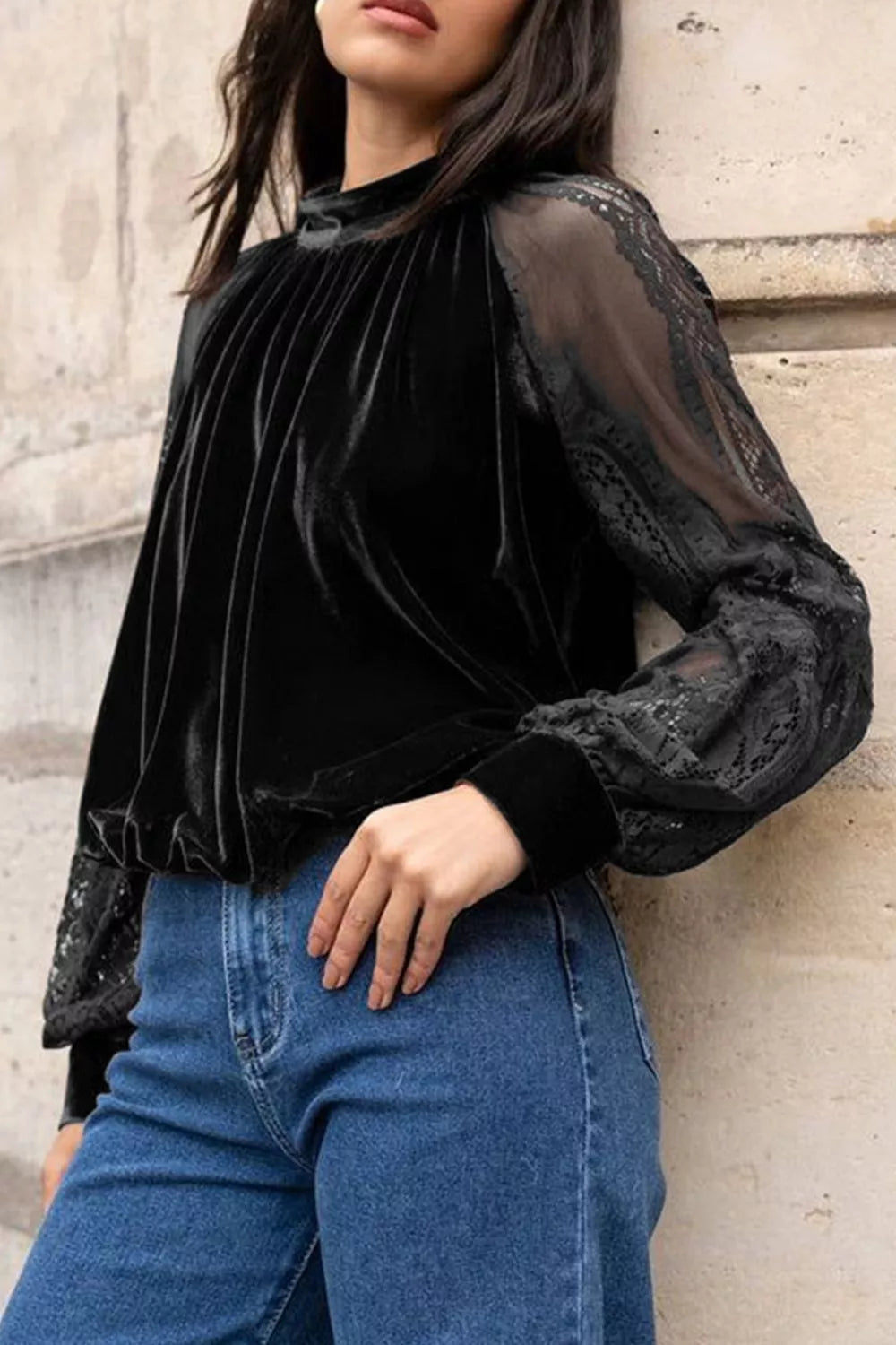Solid Color Sheer Lace Long Sleeve Patchwork Stand Neck Velvet Blouse - Lilixa.store
