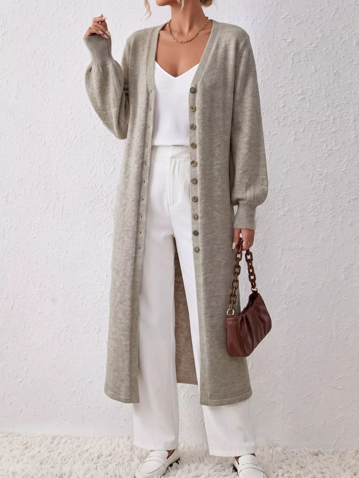 Elegant Longline Button-Front Cardigan with Lantern Sleeves in Light Gray