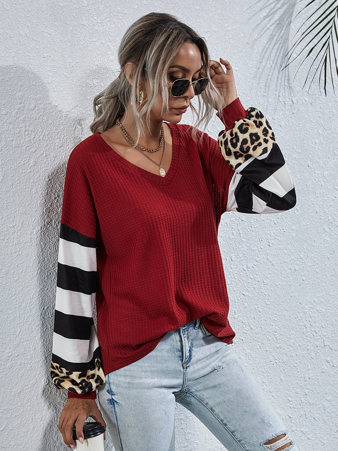 Leopard Striped Waffle-Knit Top, view 2