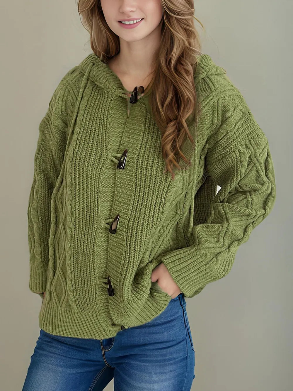 Cable-Knit Long Sleeve Hooded Cardigan - Lilixa.store