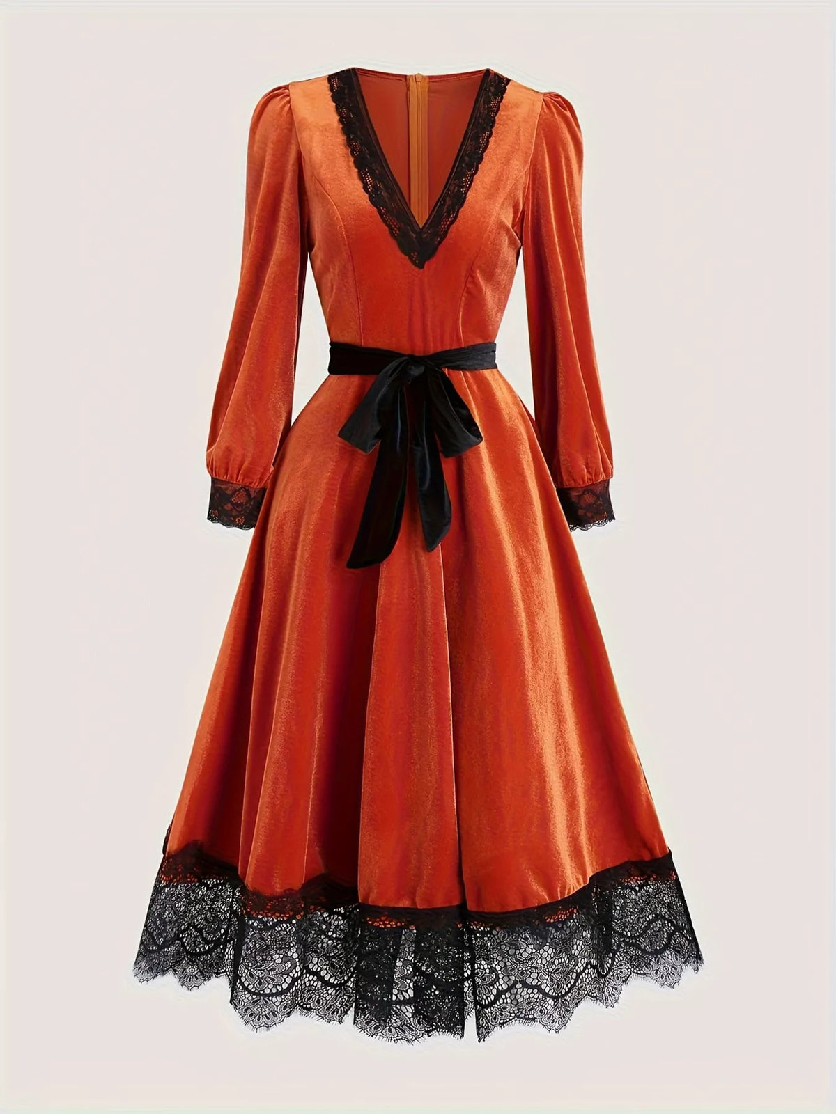 Velvet V-Neck Lace Trim Midi Dress with Waist Tie - Lilixa.store