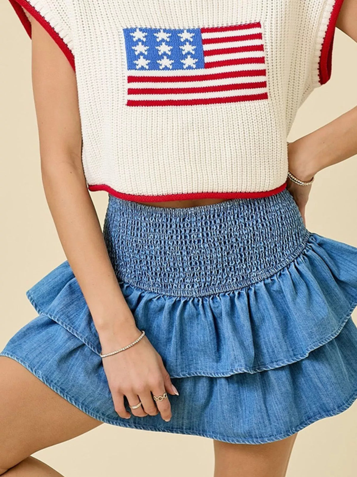 Layered Ruffle Smocked Waist Denim Skirt - Lilixa.store