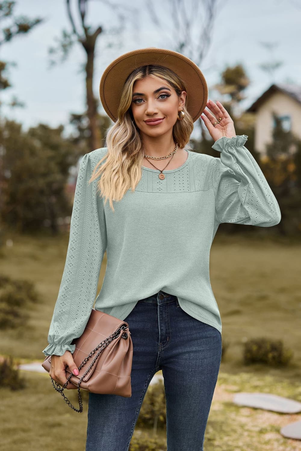 Round Neck Puff Sleeve Blouse in Sage