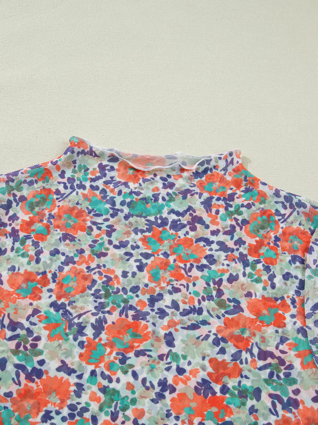 Floral Print Sheer Mesh Long Sleeve Mock Neck Top - Lilixa.store