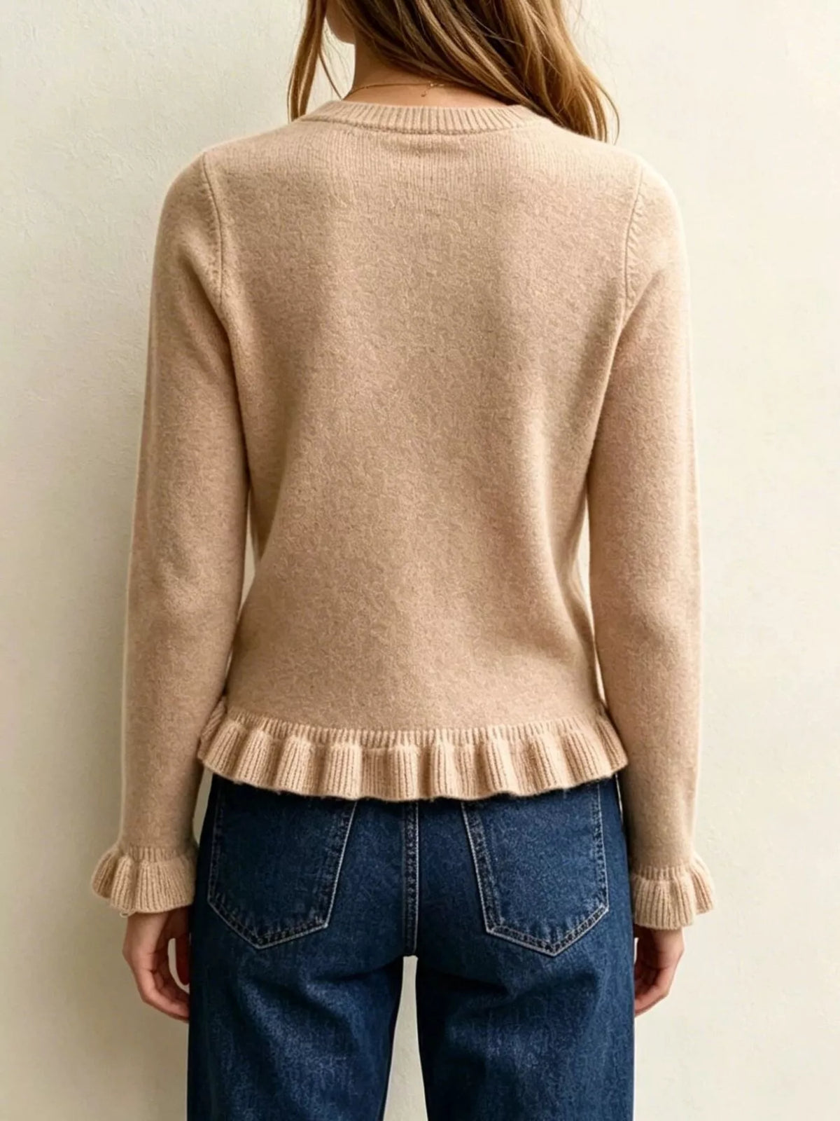 Ruffle-Trimmed Crew Neck Sweater
