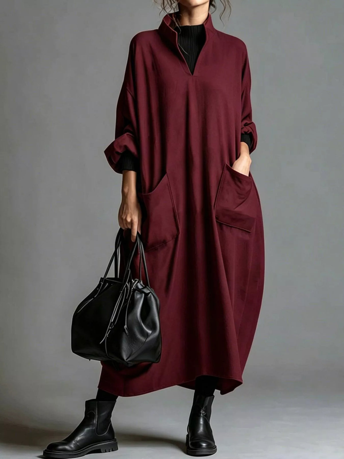 Full Size Loose-Fit Mock Neck Midi Dress with Pockets Plus Size - Lilixa.store