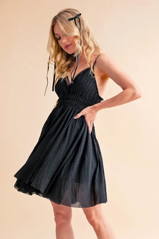 Aemi+Co Lace Detail Mini Cami Dress in Black, view 6