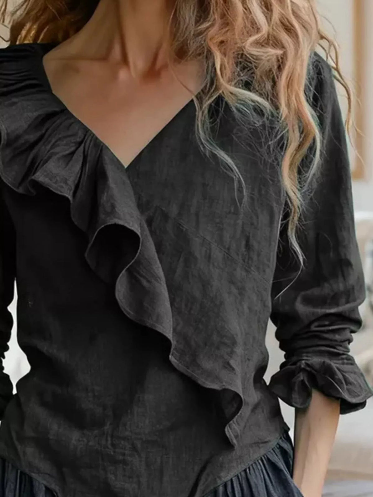 V-Neck Ruffled Long Sleeve Blouse - Lilixa.store