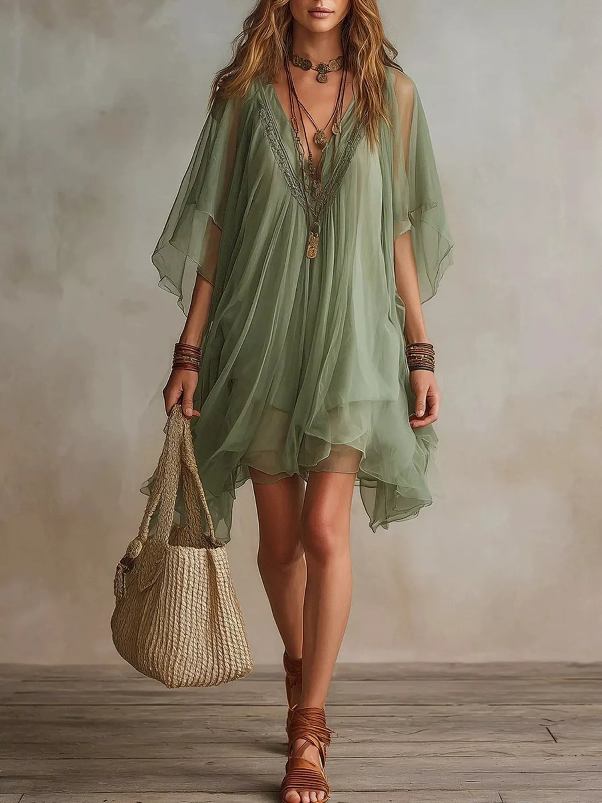 Chiffon V-Neck Flowy Mini Dress - Lilixa.store