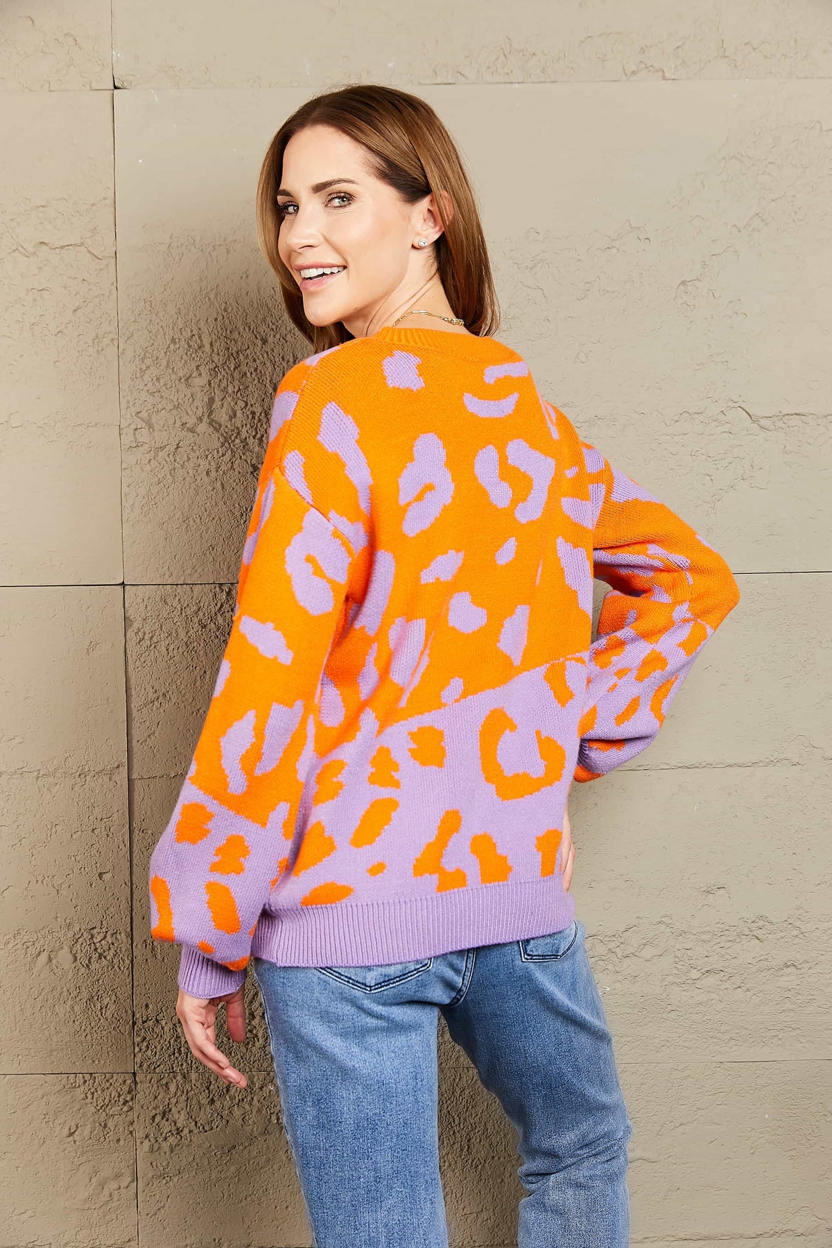 Angel Wings Woven Right Leopard Round Neck Dropped Shoulder Sweater, view 2
