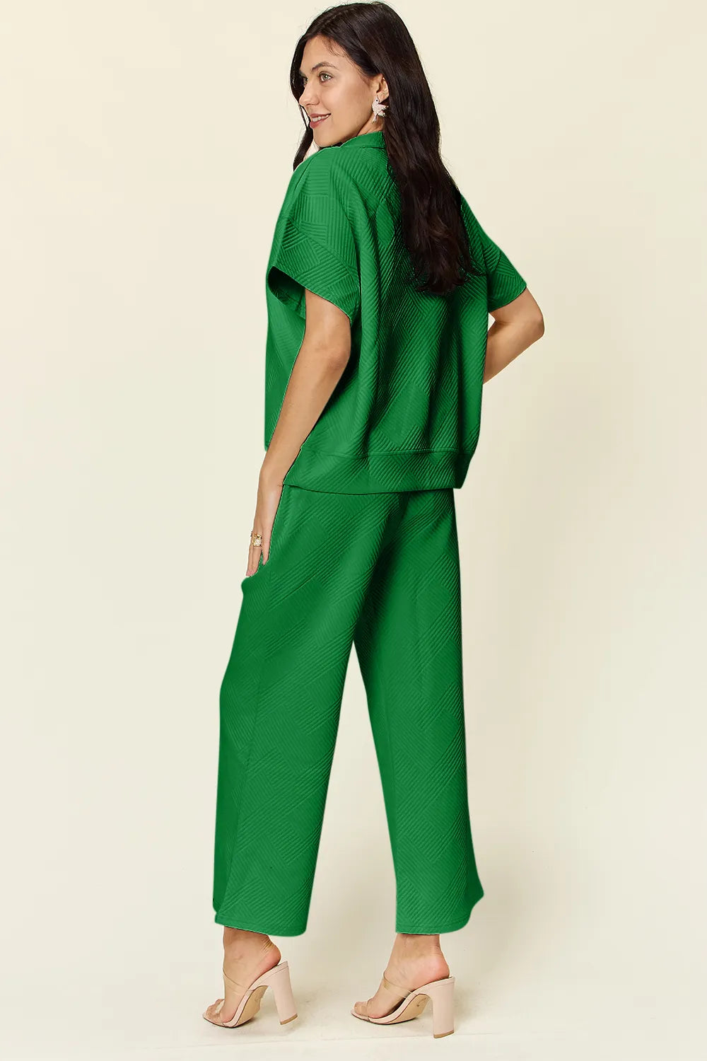 Double Take Full Size Texture Half Zip Short Sleeve Top and Pants Set, view 2