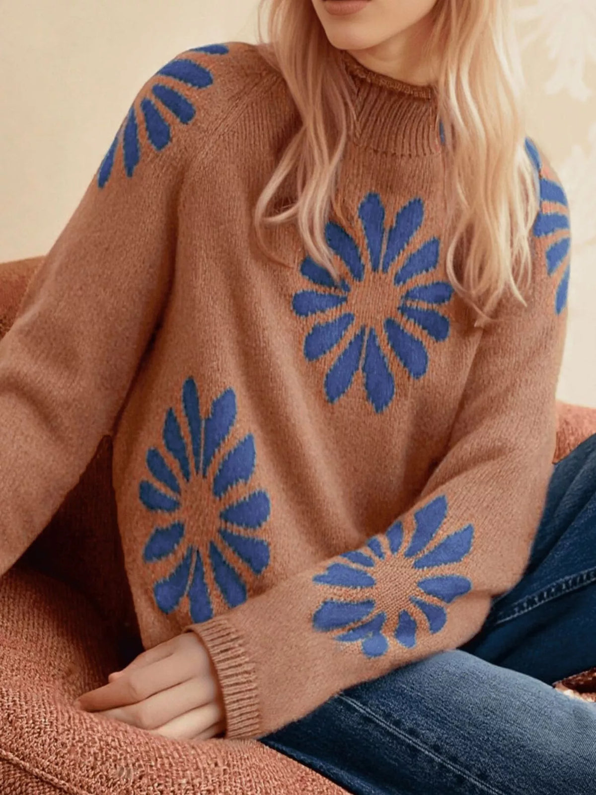 Flower Mock Neck Raglan Sleeve Sweater - Lilixa.store