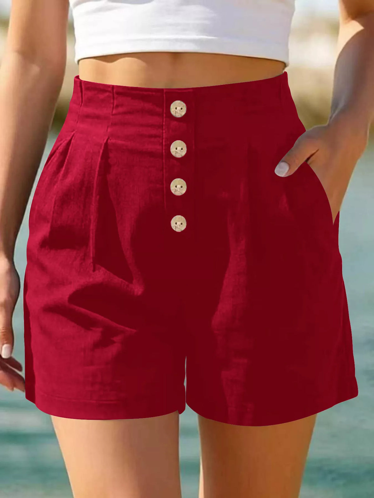 Button Fly High Waist Shorts in Red