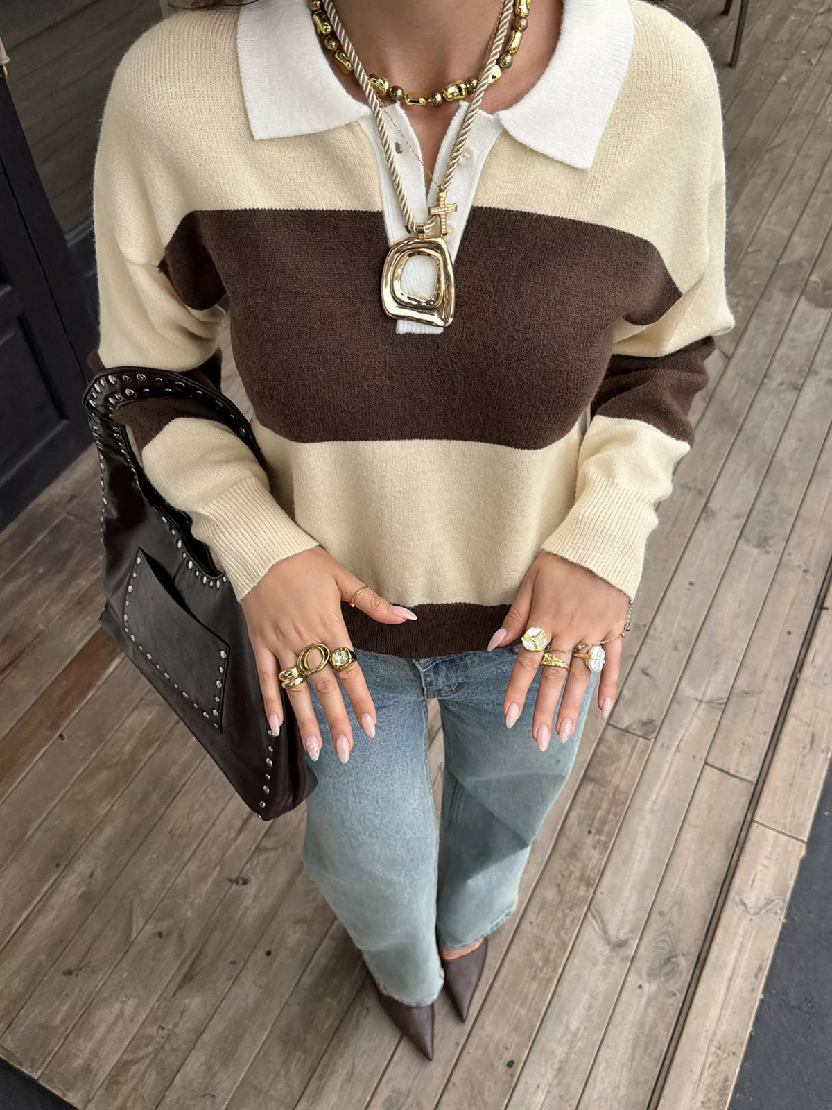 Color Block Polo Collar Knit Sweater - Lilixa.store