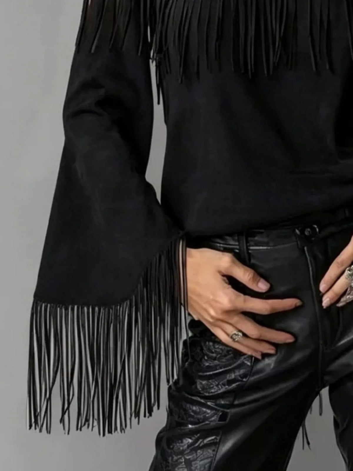 Boho Chic Off-Shoulder Fringed Suede Top, view 5