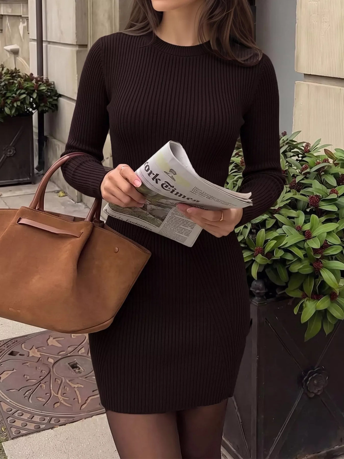 Long Sleeve Ribbed Knit Dress