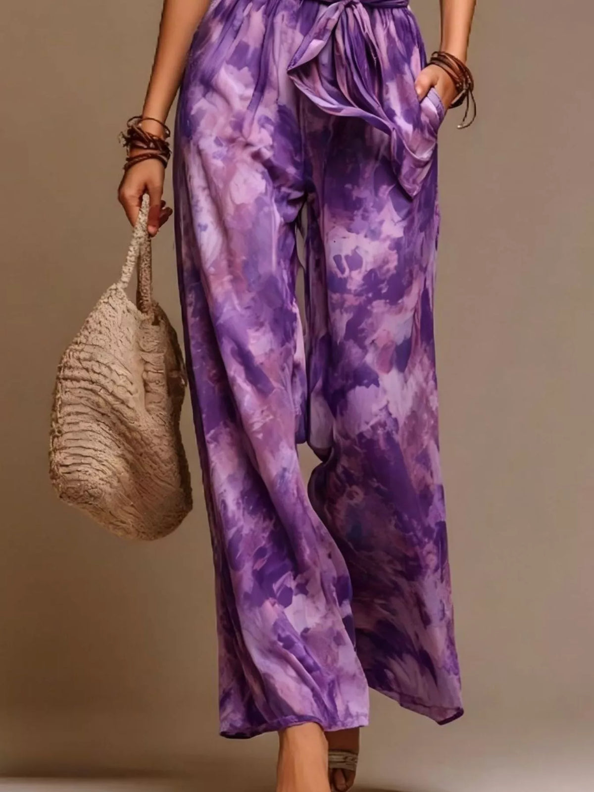 Full Size Boho Tie-Dye Halter Neck Wide-Leg Jumpsuit with Waist Tie Plus Size, view 4