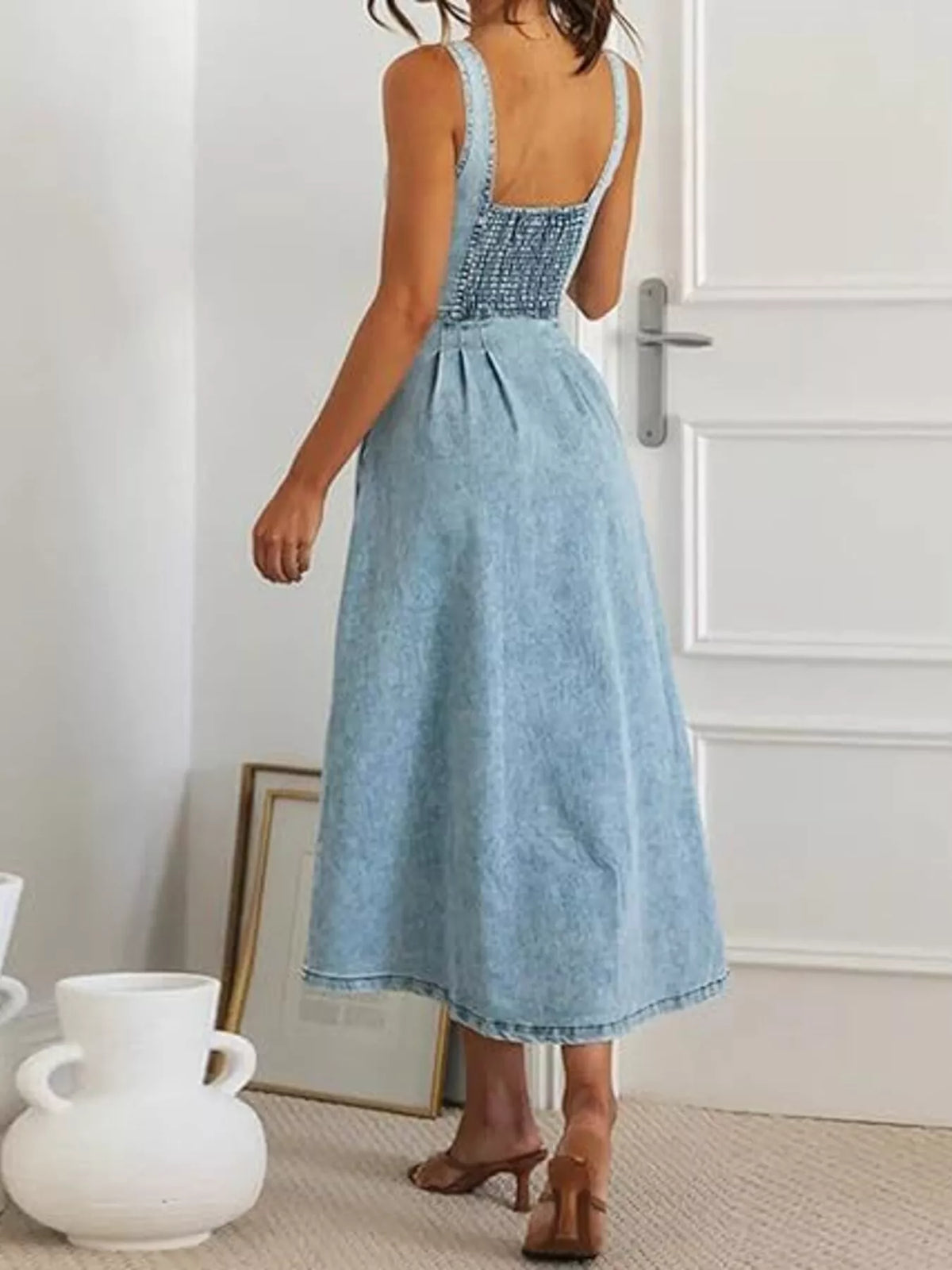 Smocked Back Button Front Denim Midi Dress - Lilixa.store