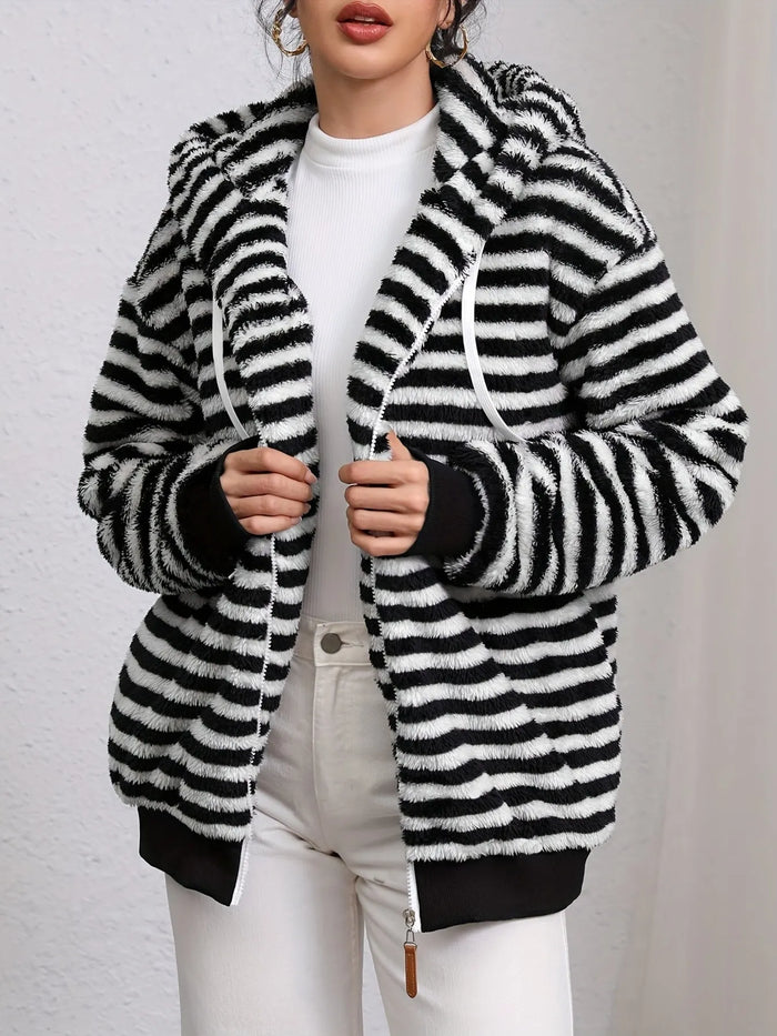 Striped Fuzzy Zip Up Hooded Outerwear in Black