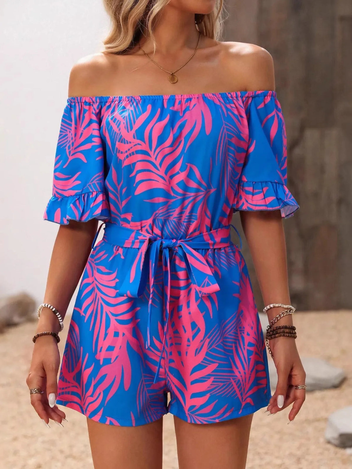 Tropical Print Off-Shoulder Romper - Lilixa.store