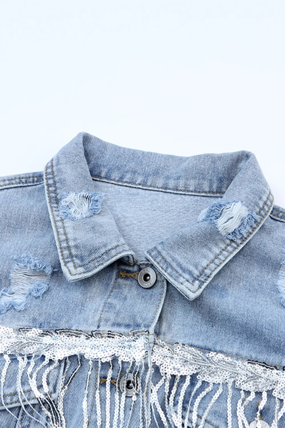 Sequin Fringe Trim Distressed Button Up Denim Jacket, view 7