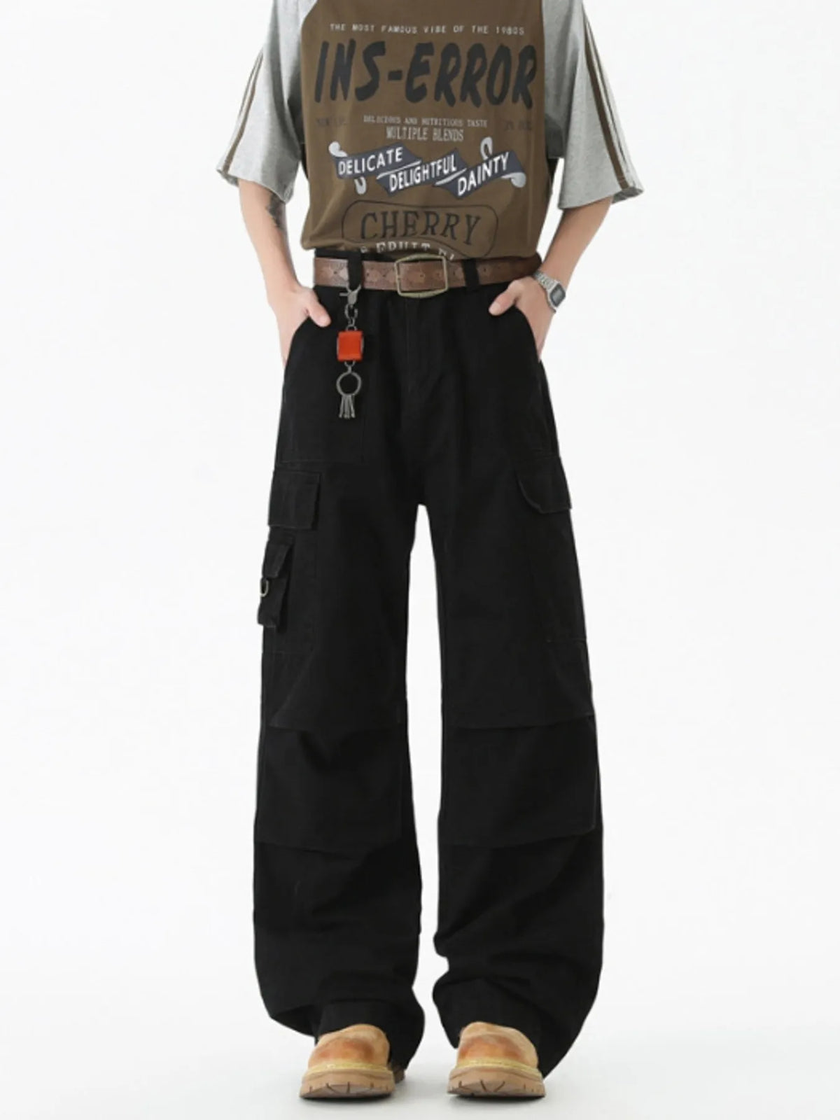 Men's Wide Leg Cargo Pants with Ruched Detail in Black