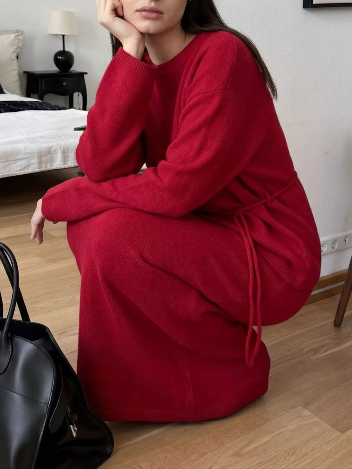 Waist-Tie Detail Sweater and Maxi Skirt Set, view 4