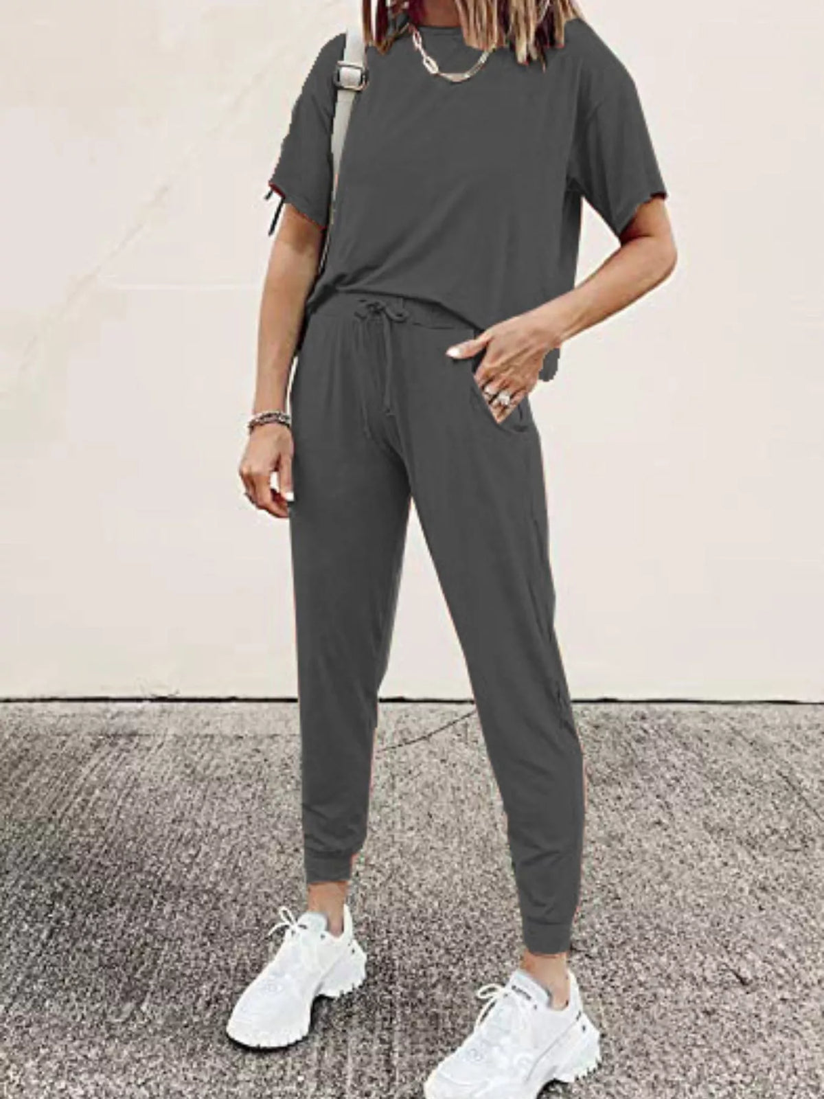 Full Size Round Neck Top and Drawstring Pants Set Plus Size - Lilixa.store