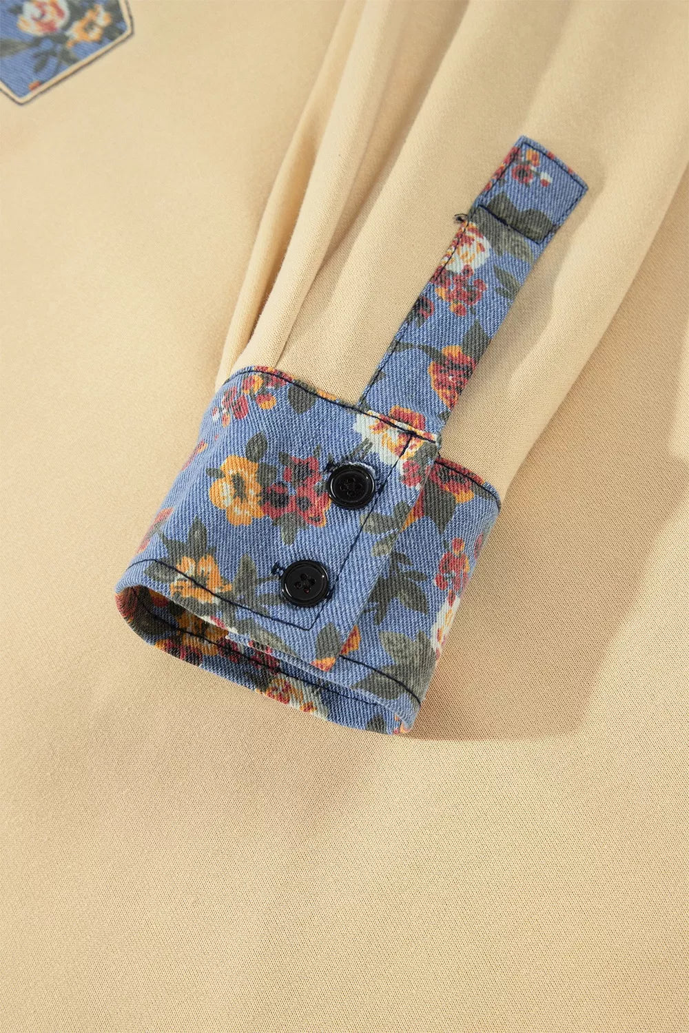 Floral Denim Patchwork Collar V Neck Long Sleeve Pullover Top, view 9