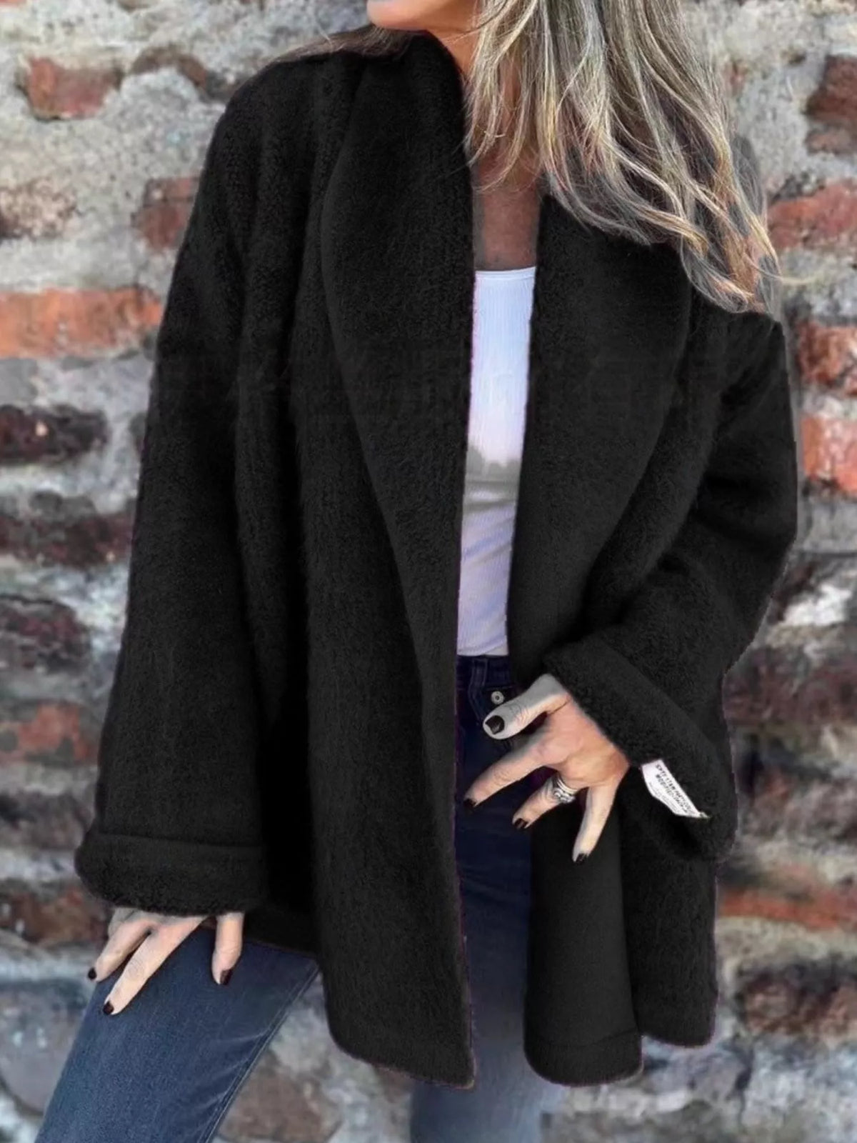 Open Front Long Sleeve Fluffy Jacket in Black