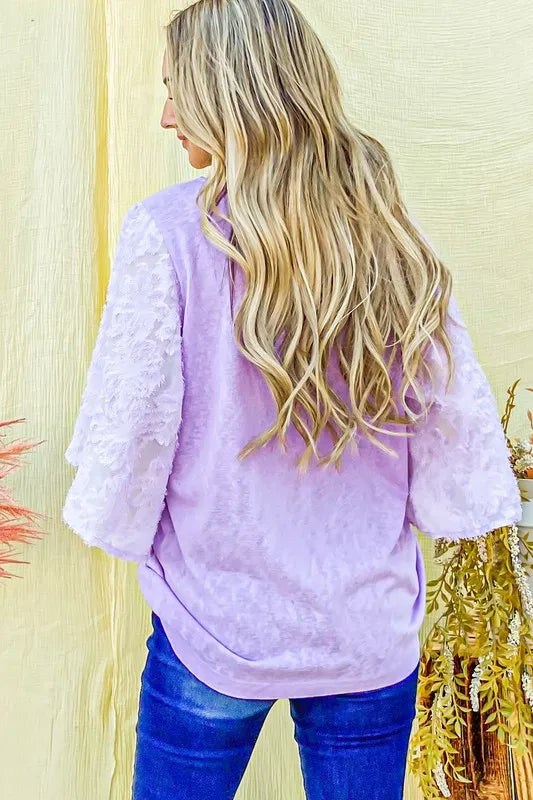 And The Why Feather Detailed 3/4 Sleeve Slub Top in Lilac, view 3